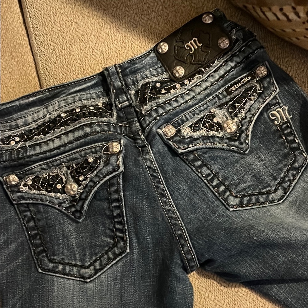 Miss Me Women's Blue Boot Cut Jeans with Black and White Detailing